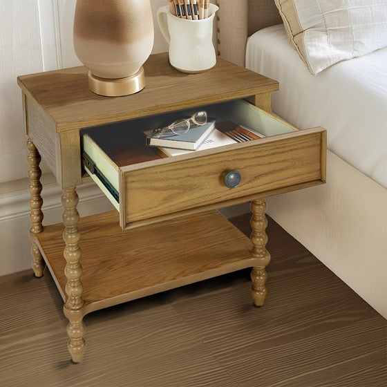 English Elm Nightstand Solid Wood Camel Oak Finish with Drawer & Open Shelf, 24"W x 26"H Stylish Storage B035P262689