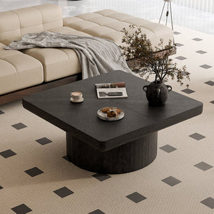 English Elm 34.6'' Square Coffee Table Parquet Wood Veneer Sculptural Cylindrical Base Modern Living Room Black W1435P337648