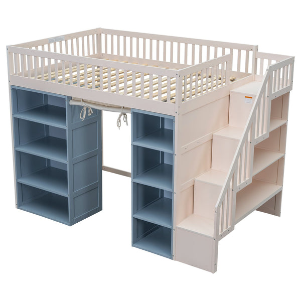 English Elm Full Size Loft Bed With Stylish Storage Cabinets, Privacy Curtain & Multi-Functional Design - White/Blue GX003006AAK