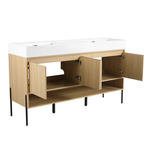 English Elm 60" Oak Bathroom Vanity Combo with Resin Basin, 4-Door Storage, Multi-Layer Wood Frame, Modern Elegance W1972S00011