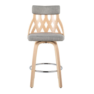 English Elm York Mid-Century 26" Counter Stool — Natural Wood Lattice Back, Light Grey Padded Swivel Seat, Chrome Footrest B202P222125