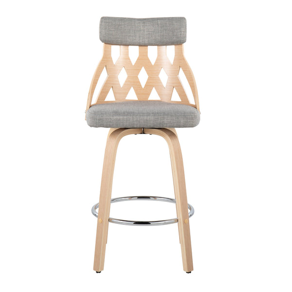 English Elm York Mid-Century 26" Counter Stool — Natural Wood Lattice Back, Light Grey Padded Swivel Seat, Chrome Footrest B202P222125
