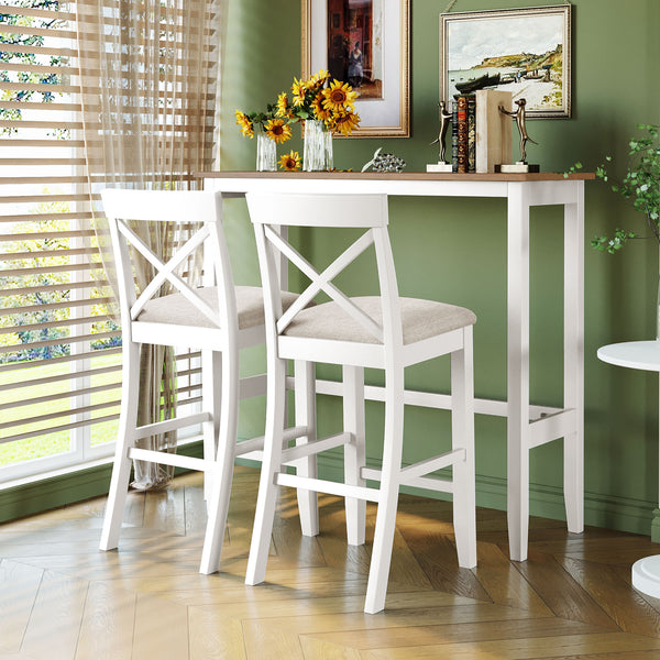 English Elm TOPMAX Farmhouse 48" Rectangular Wood Bar Height Dining Set with 2 Cushioned Stools, Space-Saving Design Beige,Brown+White N717P334716B