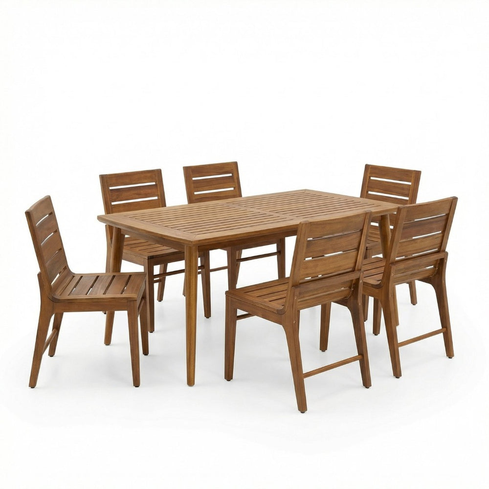English Elm 7 Piece Solid Acacia Patio Dining Set Teak Finish Table Seats Six Ergonomic Chairs N773OD00147T