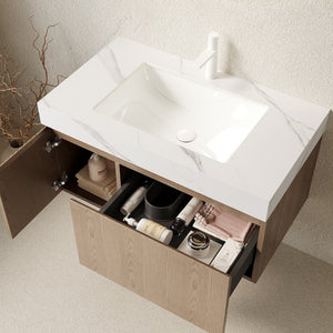 English Elm Muri Floating Bathroom Vanity Plywood Cabinet Oak Veneer Sintered Stone Top W2615S00626