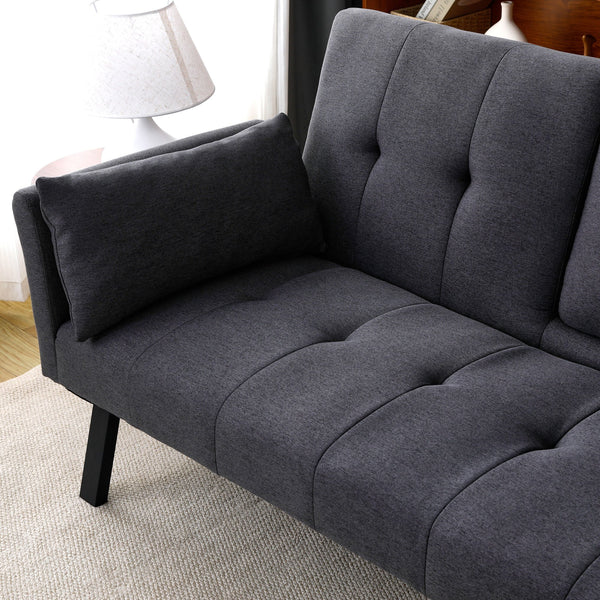 English Elm 70-inch Foldable Cotton Linen Sofa Bed with Cup Holder & Side Storage, Space-Saving 2-Seater Design DARK GREY W3371P337199