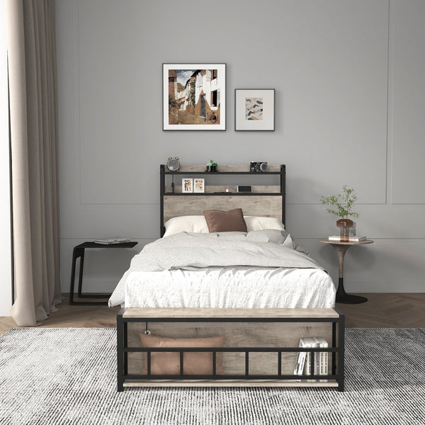 English Elm Twin Bed Frames with Storage Headboard, Built-In USB/Type-C Charging, LED Light, Space-Saving Design Black+ Gray W2129P314786