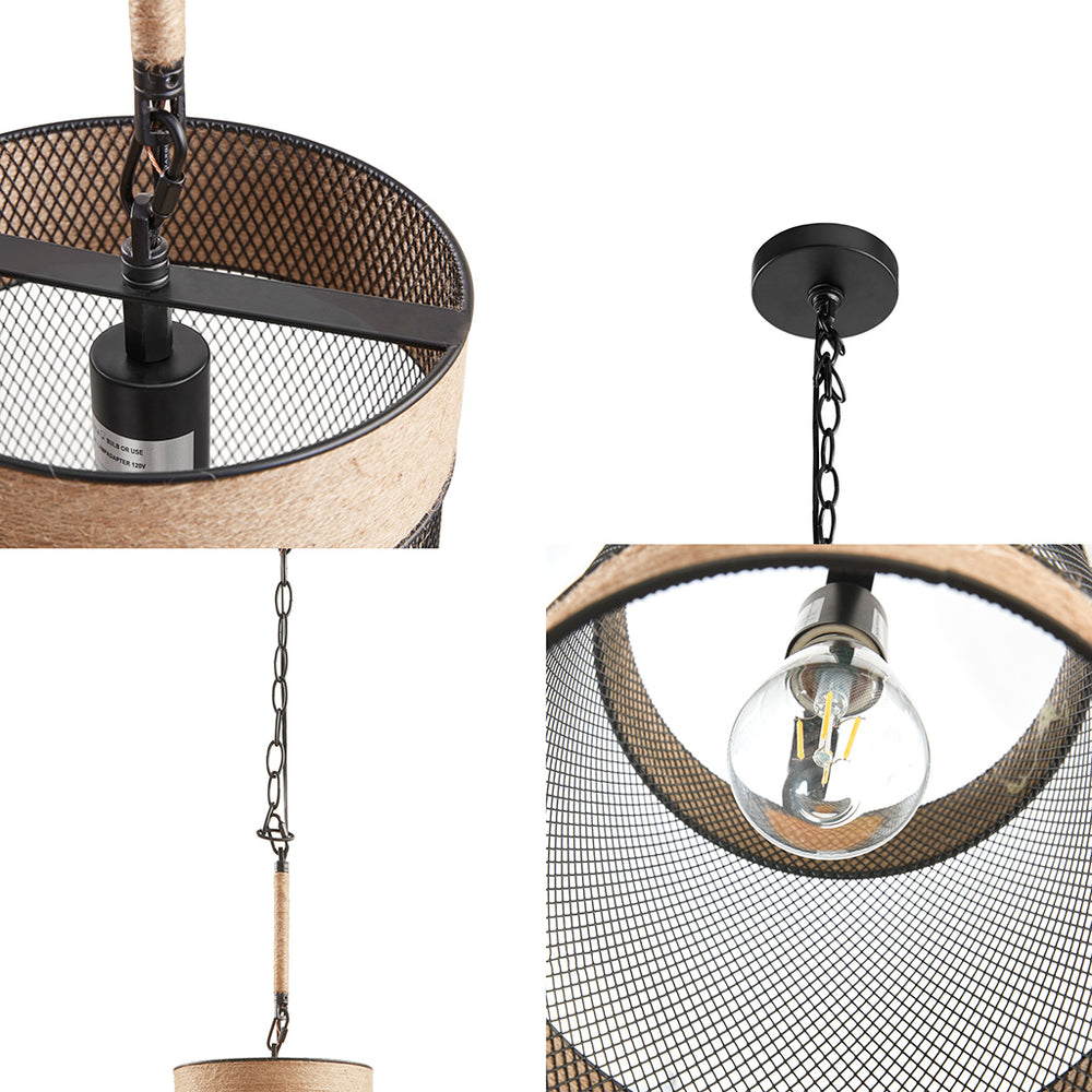 JLA Home INK+IVY - Natural Rope Cylinder Pendant Light with Metal Mesh Shade — Handcrafted Farmhouse Fixture, Adjustable 28" II151-0139
