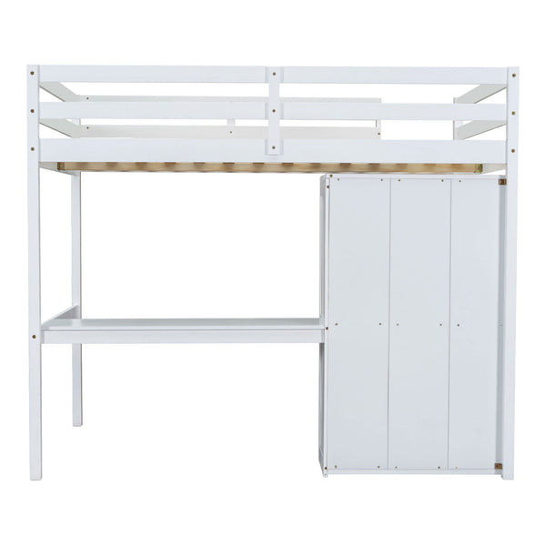 English Elm Wood Full Size Loft Bed with Built-In Desk, Wardrobe, Shelves & Drawers for Space-Saving Rooms White GX000466AAK