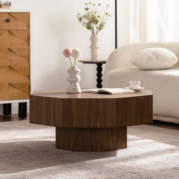 English Elm 30.51 Vintage Walnut Coffee Table Octagonal MDF 30.5" Round Accent Table Easy Assembly, Durable Finish W3081P315308
