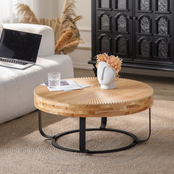 English Elm Modern Round Pine Coffee Table with Carved Wood Top and Sleek Metal Legs for Stylish Living Spaces Natural+Black W757P186923