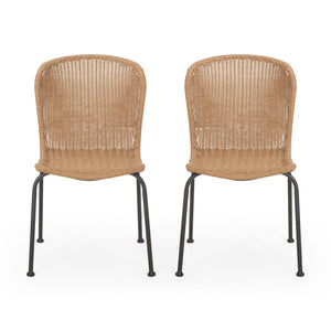 English Elm Boho Faux Rattan Outdoor Dining Chairs Wicker Weave Scroll Back Patio Set of 2 66899.00LBRN