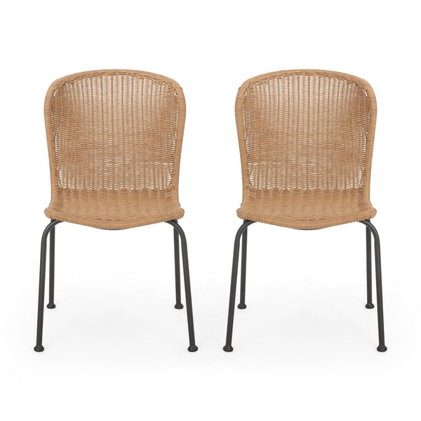 English Elm Boho Faux Rattan Outdoor Dining Chairs Wicker Weave Scroll Back Patio Set of 2 66899.00LBRN