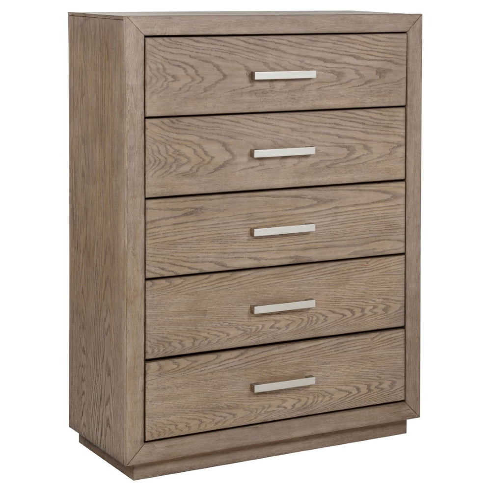 English Elm Gibbons Five Drawer Chest with Chrome Pulls and Mitered Trim for Modern Bedrooms B062P447735