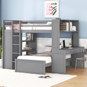 English Elm Full Twin Loft Bed with Desk Wardrobe Shelves Pine Wood Frame Kids Bedroom Gray LT000821AAE-1