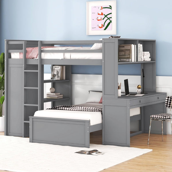 English Elm Full Twin Loft Bed with Desk Wardrobe Shelves Pine Wood Frame Kids Bedroom Gray LT000821AAE-1