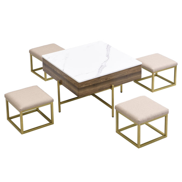 English Elm Modern Square Lift-Top Coffee Table Set with Hidden Storage, 4 Tuck-Away Ottomans, White Walnut Elegance CH192954AAK
