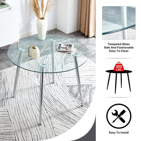 English Elm Table And Chair Set - Modern 38.6" Glass Dining Table With Silver Legs & 4 Stylish Black Pu Chairs W1151S03821-GIGA