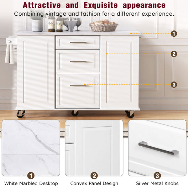 English Elm K&K Vintage Convex Kitchen Island Cart with Faux Marble Top, Tilt Trash, Pull-Out Organizer, Wheels White N707P299008W