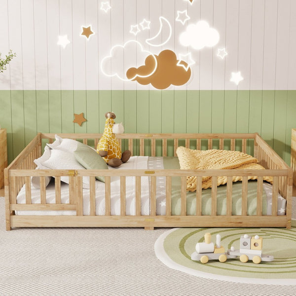 English Elm Queen Rubberwood Floor Bed with Perimeter Fence and Latch Door for Toddler Safety W504P370525