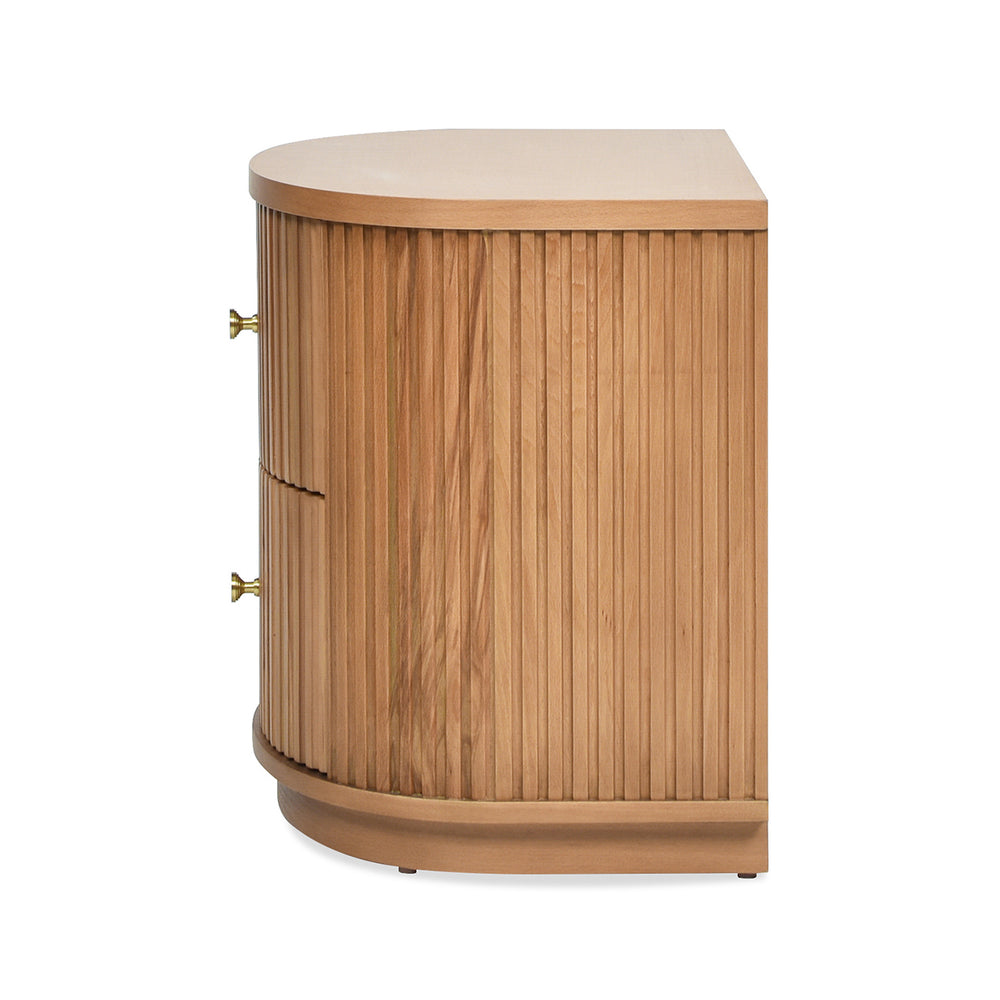 English Elm Jennifer Taylor Home - Valentine Half-Moon 24" 2-Drawer Side Table in Natural Brown Beech Wood with Fluted Detail & Gold Pulls B2719P238488