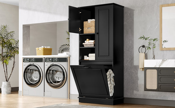 English Elm Tall Storage Cabinet with Flip-Out Basket, Adjustable Shelves & Aluminum Handles for Organized Living Black N725P322739B
