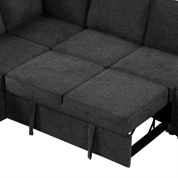 English Elm 126" L-shaped Sectional Sofa with Pull-Out Bed, Built-In USB Charging & Cup Holders, Chenille Upholstery Black+Blue N719S001530C