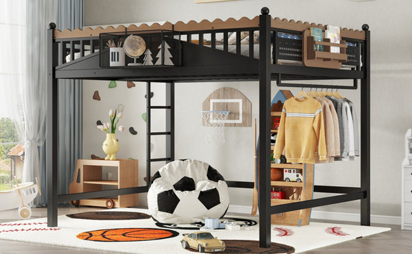 English Elm Twin Kids Platform Bed with Trundle Staircase Bookshelf and Rounded Safety Rails W1580S00382