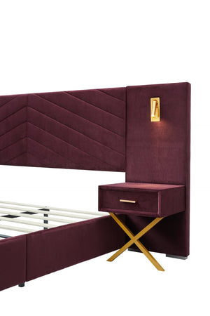 English Elm Queen Velvet Wingback Platform Bed Channel Tufted Upholstered Frame No Box Spring Red W1793S00053