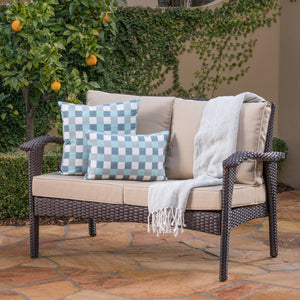 English Elm Christopher Knight Home® - HONOLULU Loveseat Brown-Tan PE Rattan Outdoor Sofa with Water-Repellent Cushions, Sturdy Iron Frame 52919.00IRNBRN