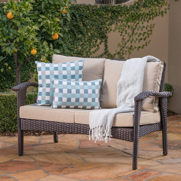 English Elm Christopher Knight Home® - HONOLULU Loveseat Brown-Tan PE Rattan Outdoor Sofa with Water-Repellent Cushions, Sturdy Iron Frame 52919.00IRNBRN