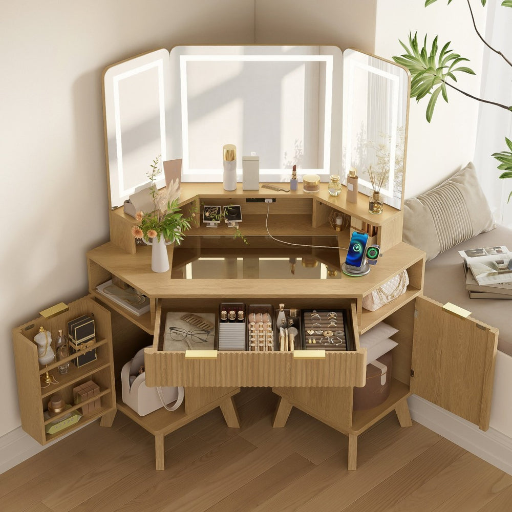 English Elm 47.2" Corner Lighted Makeup Vanity with Fluted Panel Tri-fold Mirror and Charging Station Oak N704P392485N