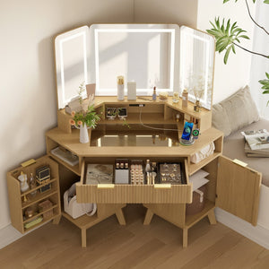 English Elm 47.2" Corner Lighted Makeup Vanity with Fluted Panel Tri-fold Mirror and Charging Station Oak N704P392485N