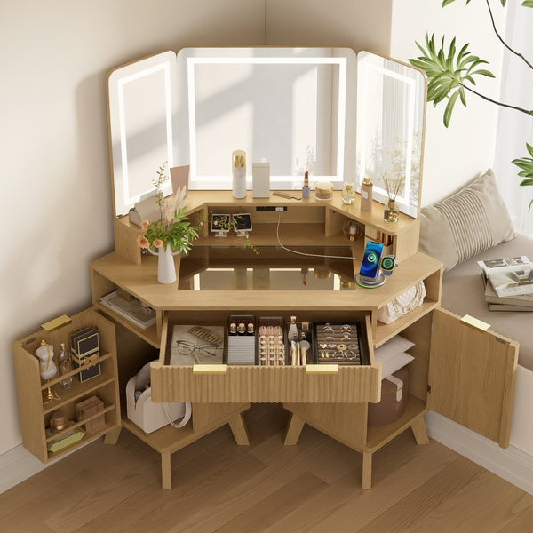 English Elm 47.2" Corner Lighted Makeup Vanity with Fluted Panel Tri-fold Mirror and Charging Station Oak N704P392485N