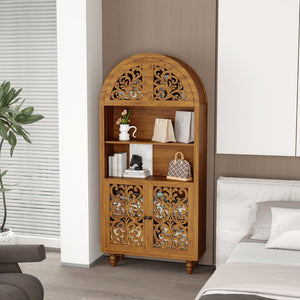 English Elm Vintage Hand-carved Solid Wood Bookcase Tall Arched Open Shelf Cabinet for Living Room W3123P485777