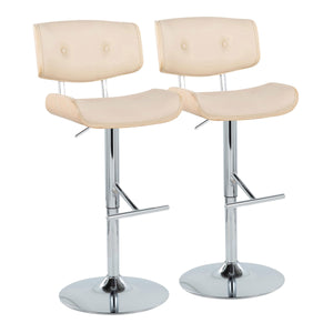 English Elm Lombardi Mid-Century Adjustable Swivel Barstool Set of 2 — Tufted Faux Leather Seat, Chrome T-Footrest, 360° Comfort Cream B202S00957