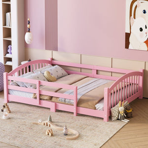 English Elm Full Montessori Pine Wood Floor Bed with Safety Rails Low Profile Kids Room Frame Pink N733P400299H