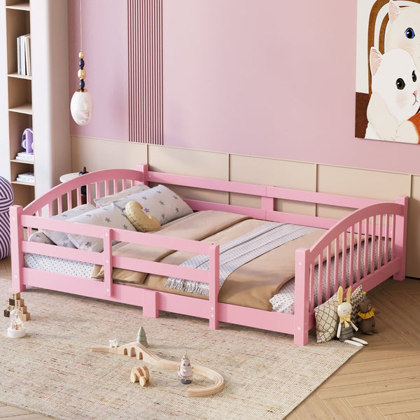 English Elm Full Montessori Pine Wood Floor Bed with Safety Rails Low Profile Kids Room Frame Pink N733P400299H