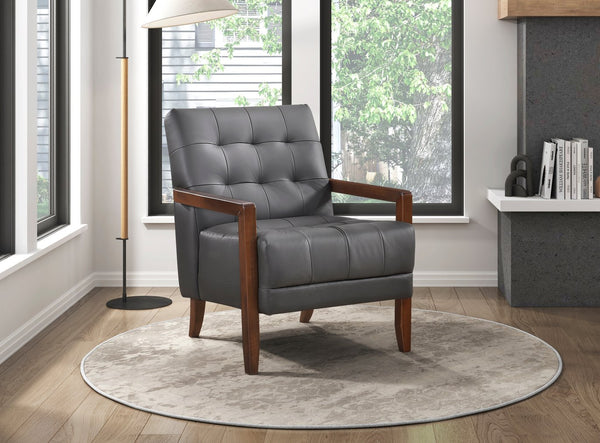 English Elm Modern Tufted Leather Accent Chair with Walnut Wood Frame, Upholstered Seat, Compact Stylish Design Dark Gray 28 L x 21 W x 25.75 H B011P271926