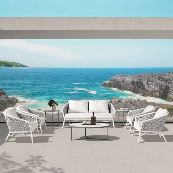 English Elm Jennifer Taylor Home - Rowan Optic White Rope Barrel Back Patio Arm Chairs Set of 2 — Aluminum Frame, Removable Cushions, Weather-Resistant Acrylic B2719P245980