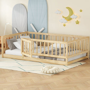 English Elm Twin Oak Montessori Floor Bed with Fence & Door, Twin Slatted Pine Frame, Low Profile for Kids (Natural) W1820P349300