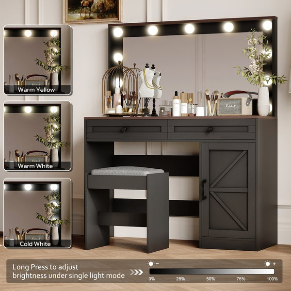 English Elm 43.4"Makeup Vanity Table with Large LED Mirror, Adjustable Brightness, 3 Drawers & Stool for Organized Glam Routine Black W2386P199525