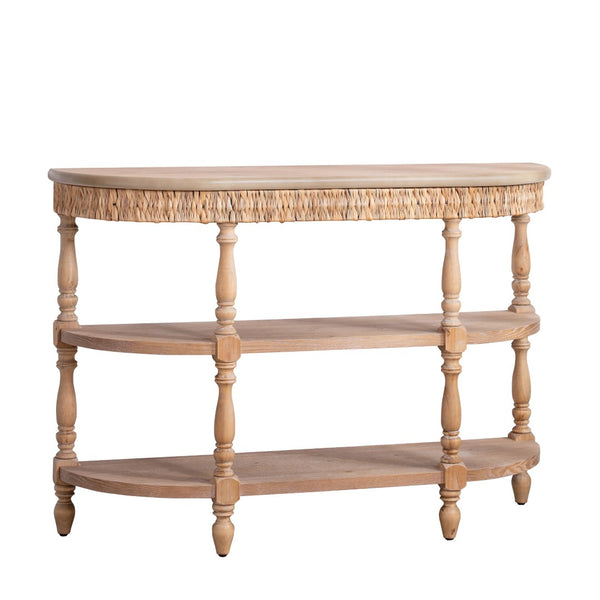 English Elm Handcrafted Oval Console Table Woven Corn Husk Trim Spindle Legs Three Tier Entryway W2729P298160