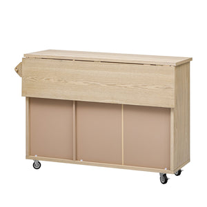 English Elm K&K Farmhouse Kitchen Island with 3D Wave Stripes Ash Veneer, Drop Leaf, Rolling Cart Storage Natural Wood N707P207916Y