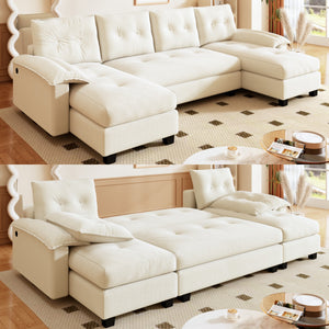 English Elm 104.7" U-Shaped Sleeper Sofa with Pull-Out Bed, Convertible Modular Sectional with Chaise, USB Ports, Chenille Upholstery Beige+White W1885S00211