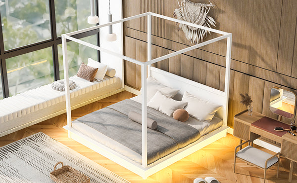 English Elm King LED Canopy Bed Frame King Size White Modern Platform with Support Slats, No Box Spring Needed, 600lb Capacity N820S10007K