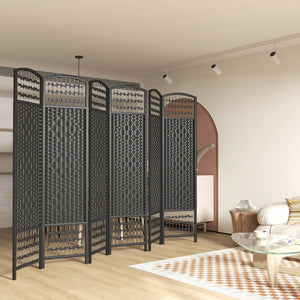 English Elm HOMCOM 6-Panel Folding Room Divider with Woven Bamboo & Paper Rope Design, 67" Tall Privacy Screen Black W2225P229264