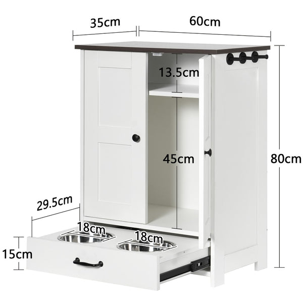 English Elm Dog Feeding Station Cabinet with Pull Out Bowls Storage Hooks White Pet Organizer W1687P205402