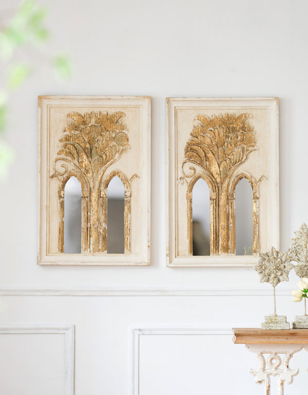 English Elm 20.1x2x29.9" Mid-Century Wall Mirror Set with Washed White & Gold Leaf Accents for Entryway Elegance W2078P318403