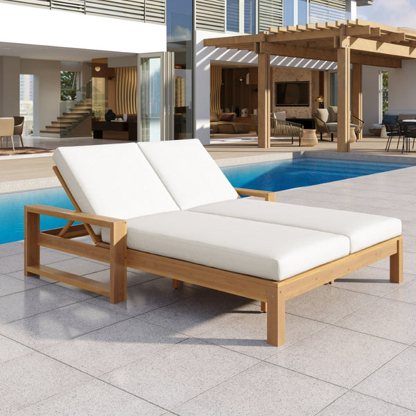 English Elm Trexm Outdoor Acacia Wood Double Chaise Lounge with Adjustable Backrests and Cushions Light Teak TM000031AAD